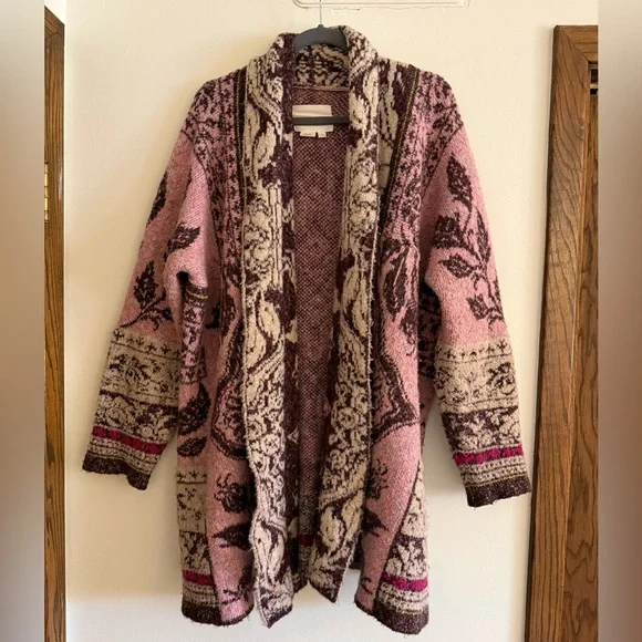Anthropologie Jacquard Cocoon Cardigan Sweater Pink Cream Floral Bohemian Indie - Picture 6 of 10